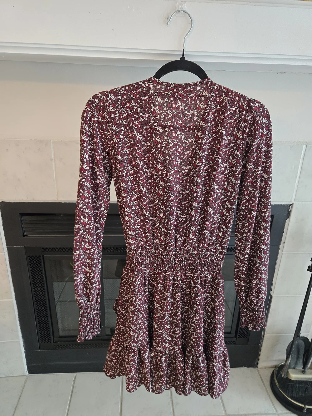 Michael Kors Maroon Floral Long-Sleeve Wrap-Style Dress